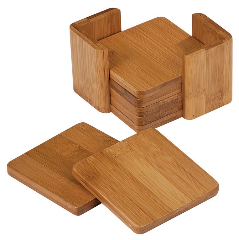 3 3/4" x 3 3/4" Bamboo Square 6-Coaster Set with Holder