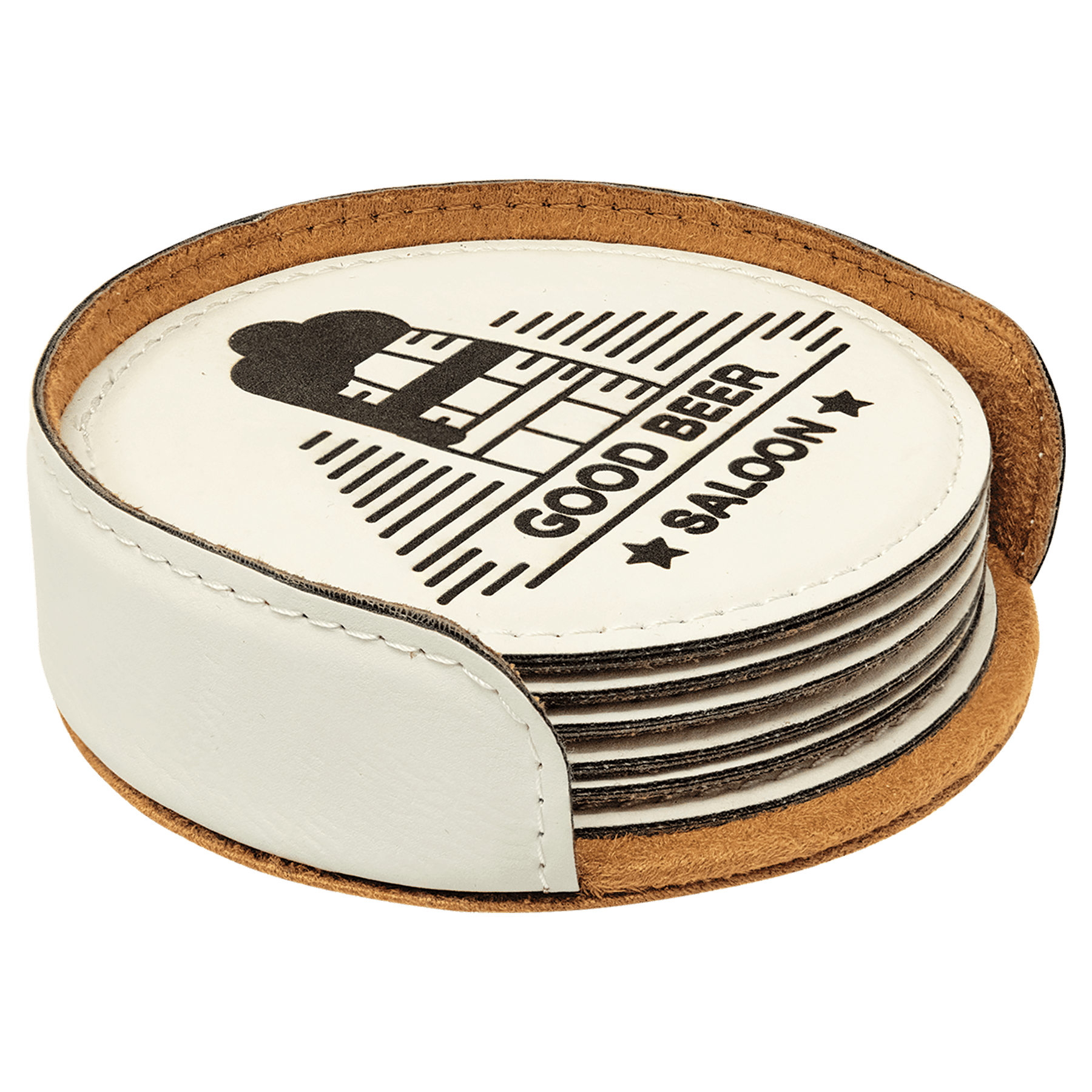 4" White Round Laserable Leatherette 6-Coaster Set