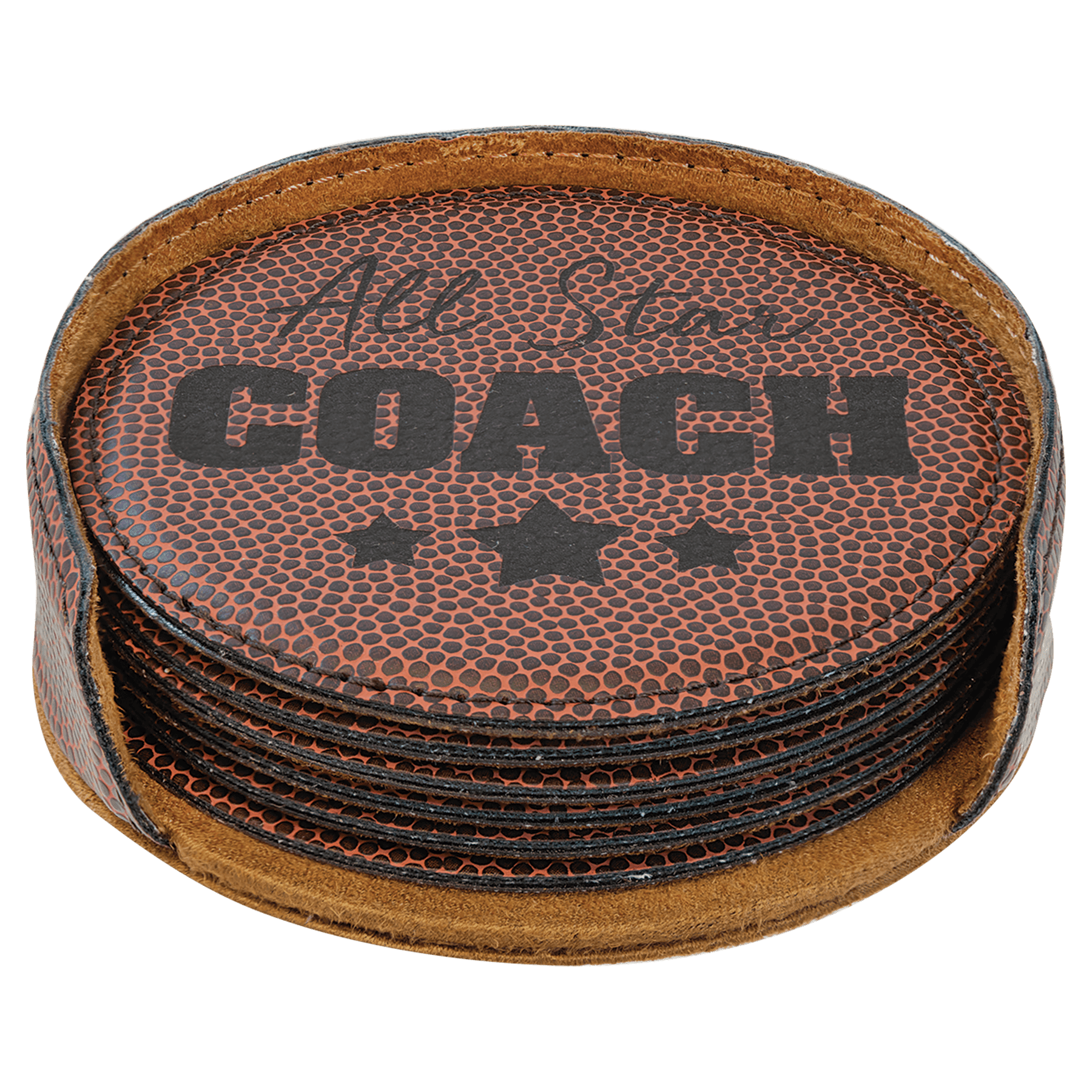 4" Football Round Laserable Leatherette 6-Coaster Set