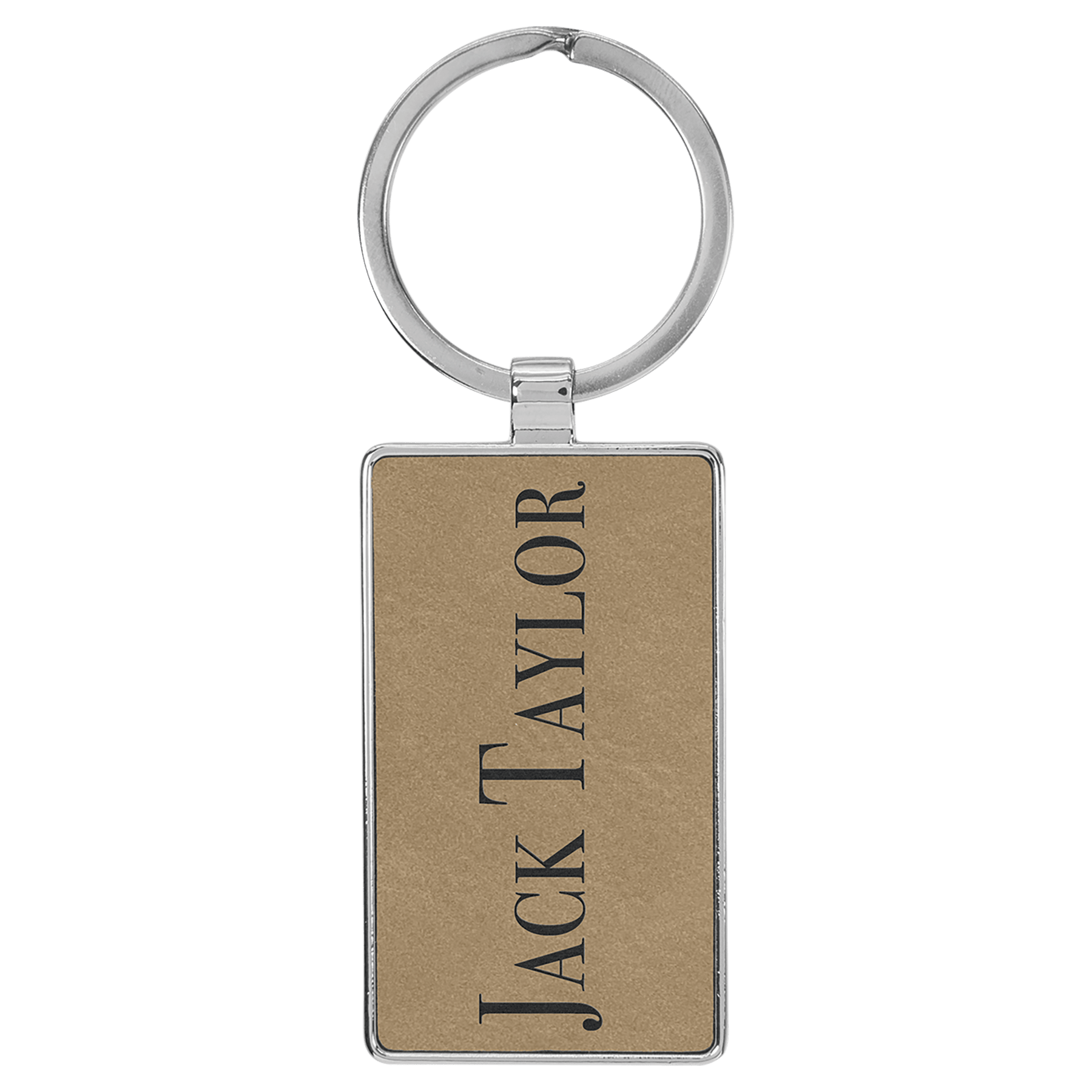 2 3/4" x 1 1/4" Laserable Leatherette/Metal Light Brown Rectangle Keychain