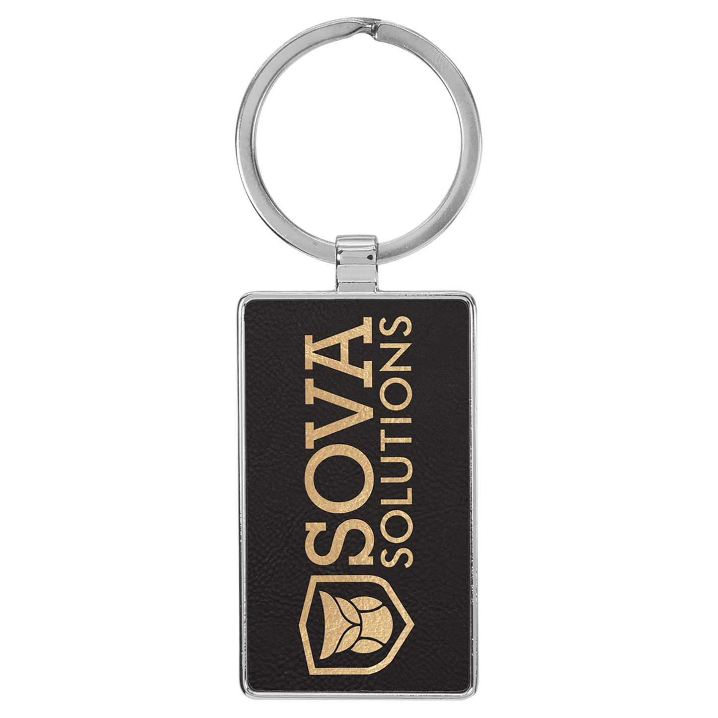 2 3/4" x 1 1/4" Laserable Leatherette/Metal Black/Gold Rectangle Keychain