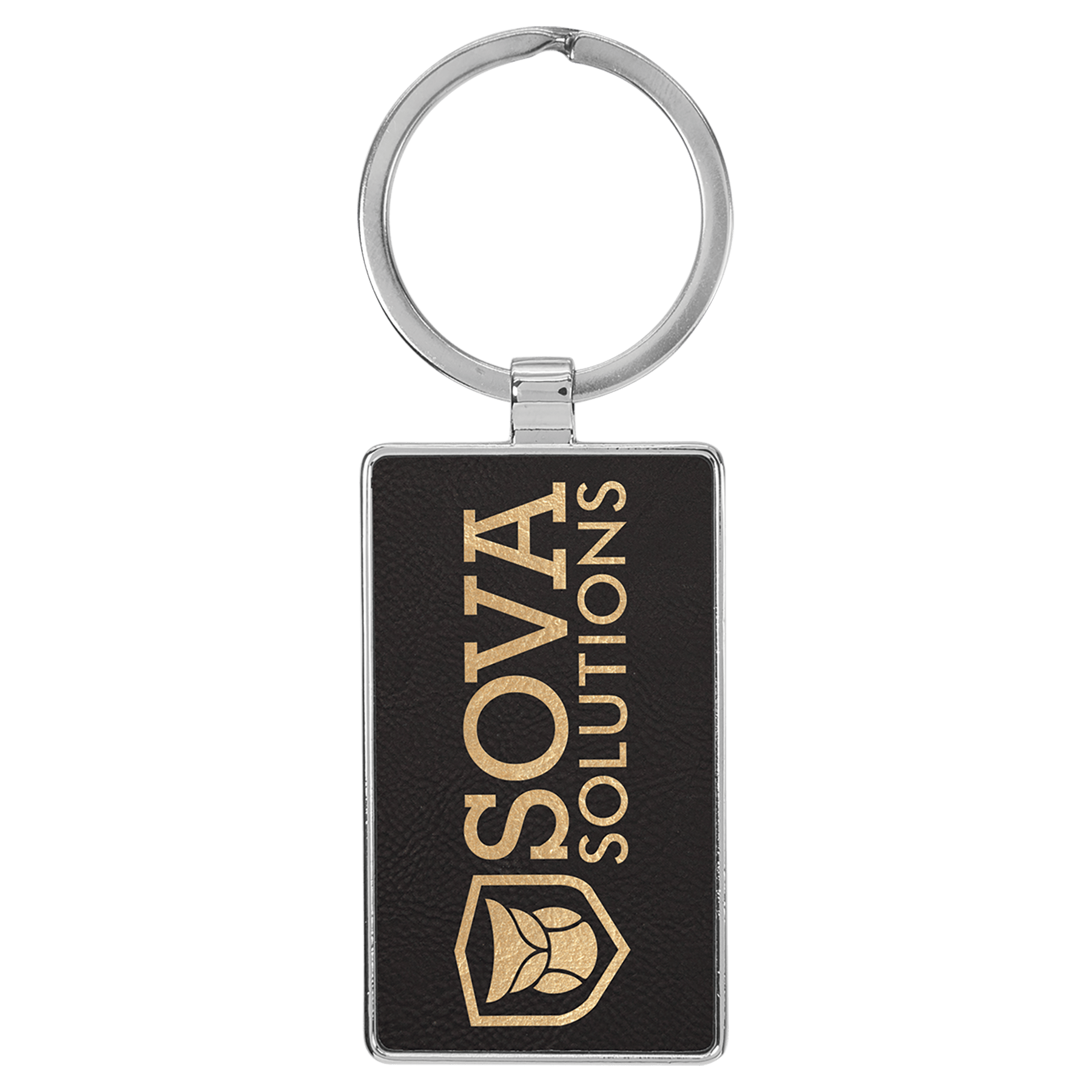 2 3/4" x 1 1/4" Laserable Leatherette/Metal Black/Gold Rectangle Keychain