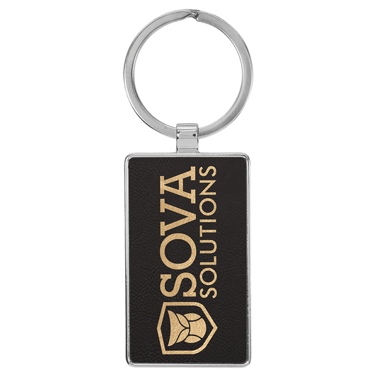 2 3/4" x 1 1/4" Laserable Leatherette/Metal Black/Gold Rectangle Keychain