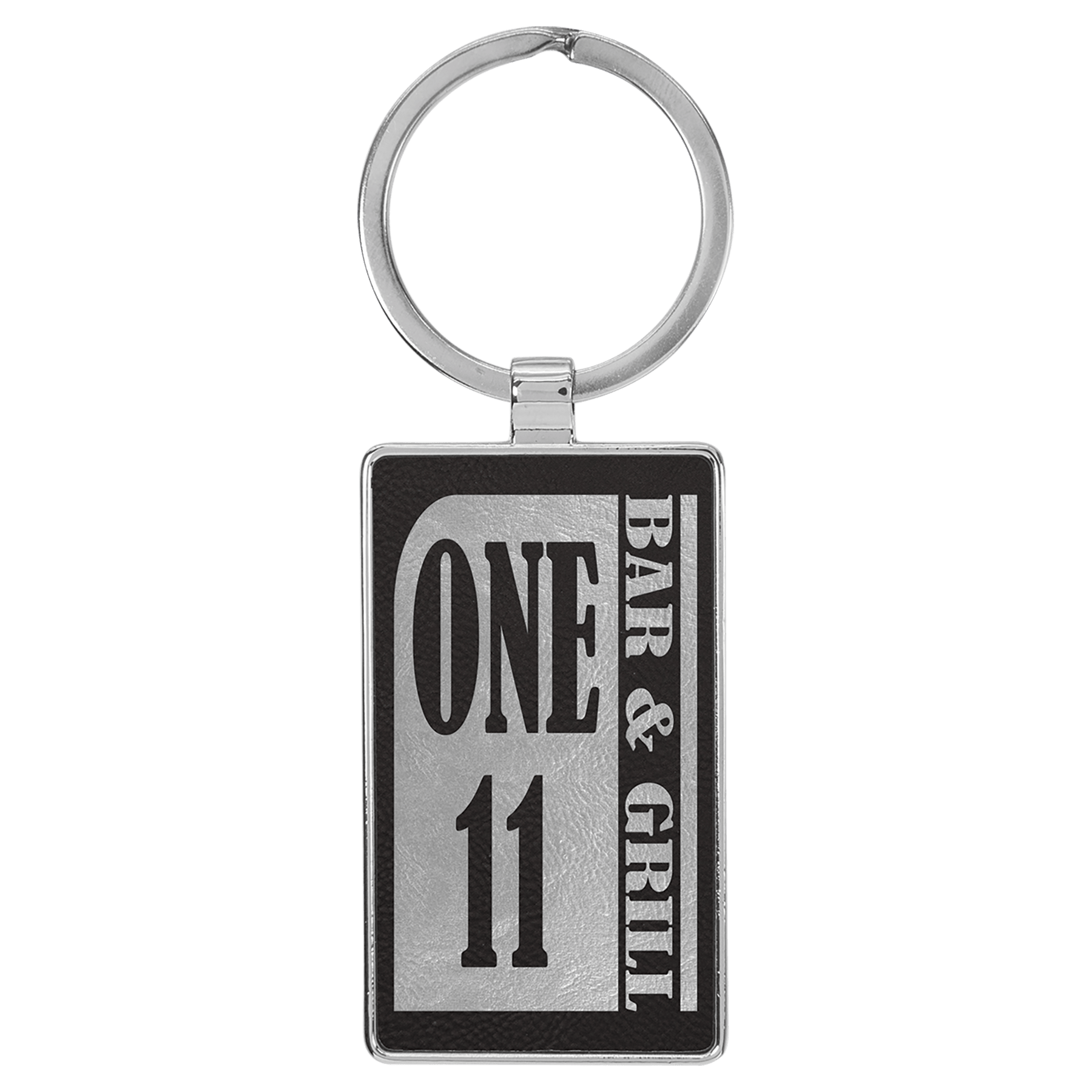 2 3/4" x 1 1/4" Laserable Leatherette/Metal Black/Silver Rectangle Keychain