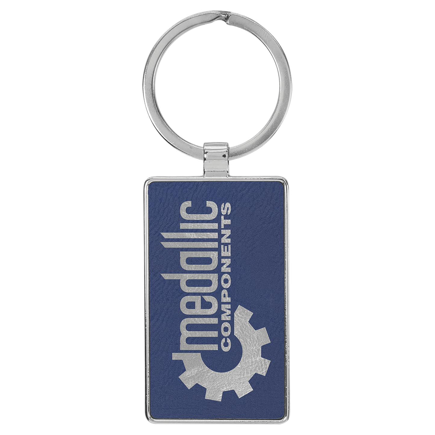 2 3/4" x 1 1/4" Laserable Leatherette/Metal Blue/Silver Rectangle Keychain