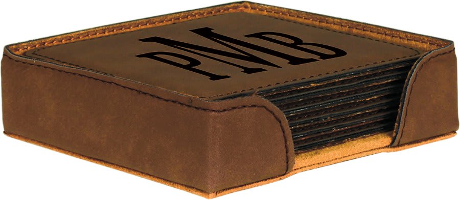 4" x 4" Dark Brown Square Laserable Leatherette 6-Coaster Set