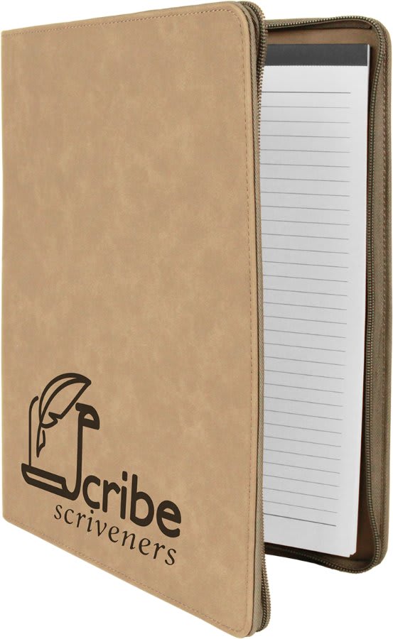 9 1/2" x 12" Light Brown w/ Zipper Laserable Leatherette Portfolio with Notepad