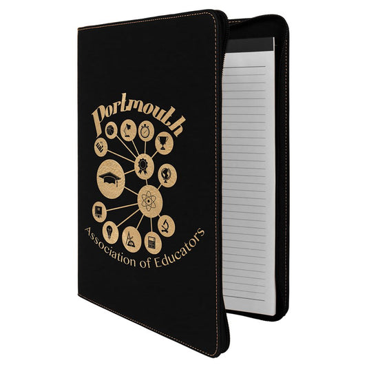 9 1/2" x 12" Black/Gold with Zipper Laserable Leatherette Portfolio with Notepad