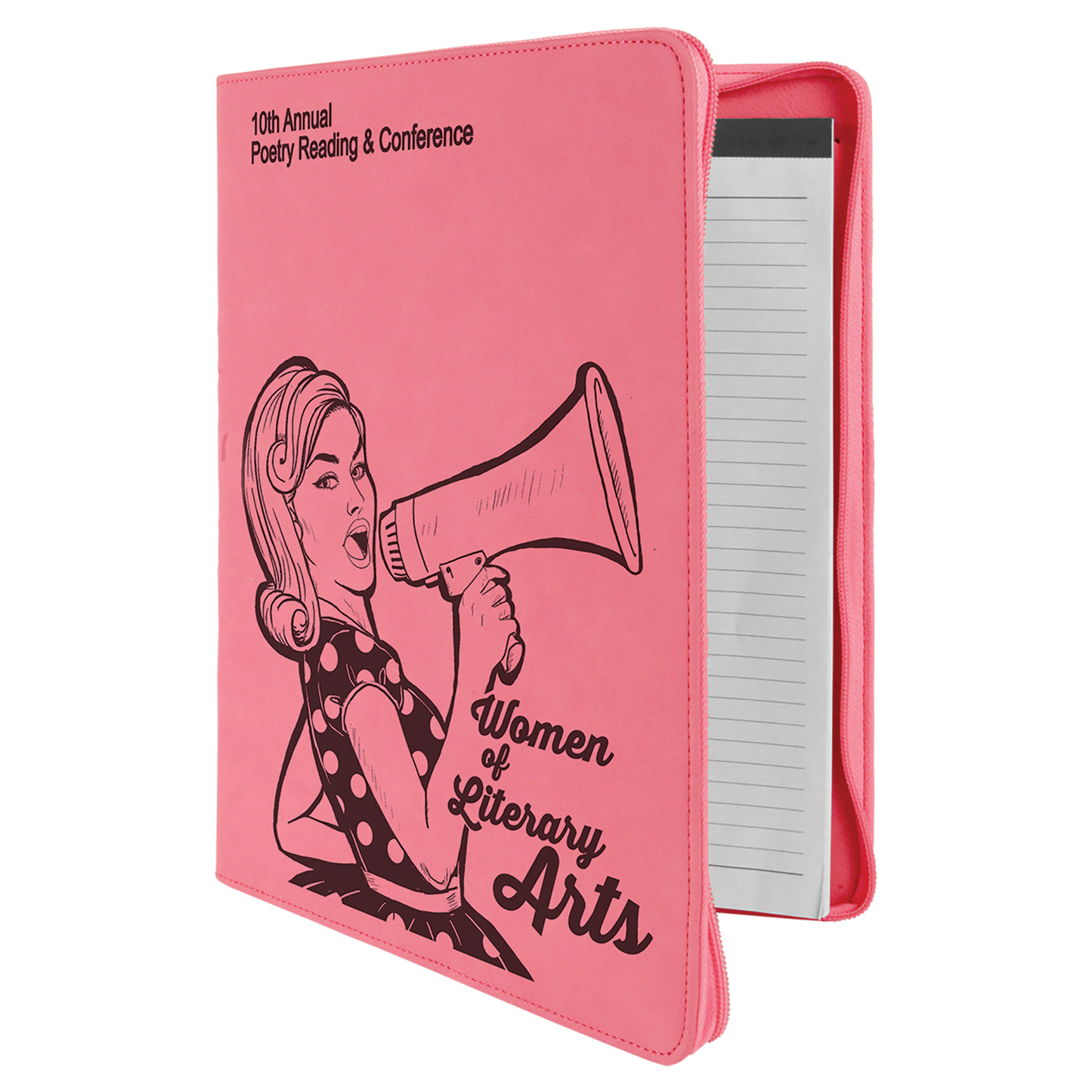 9 1/2" x 12" Pink with Zipper Laserable Leatherette Portfolio with Notepad-MO