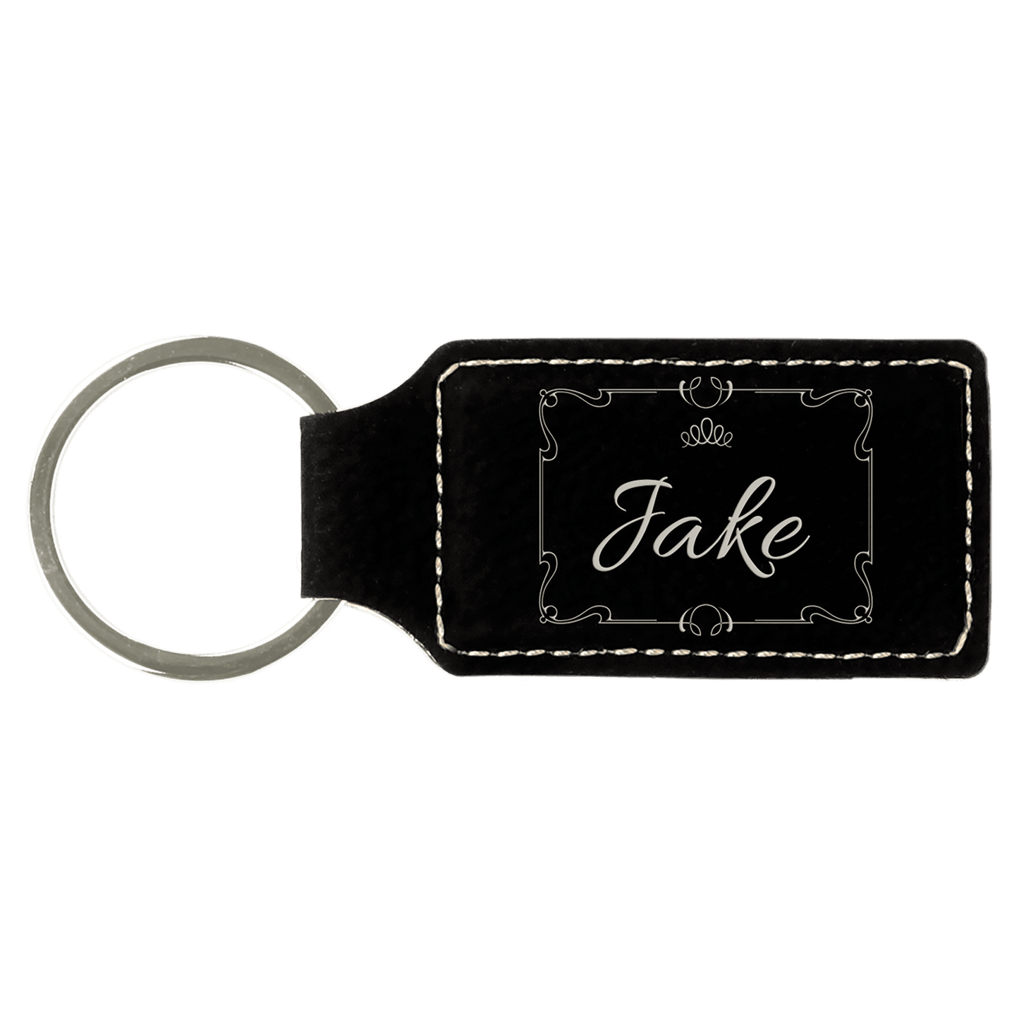 2 3/4" x 1 1/4" Black/Silver Laserable Leatherette Rectangle Keychain