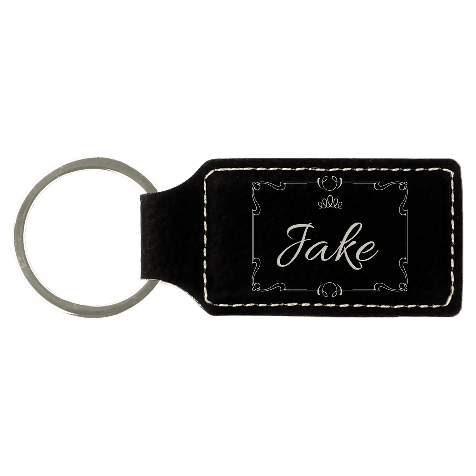 2 3/4" x 1 1/4" Black/Silver Laserable Leatherette Rectangle Keychain