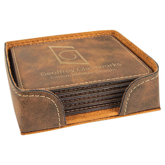 4" x 4" Rustic/Gold Square Laserable Leatherette 6-Coaster Set