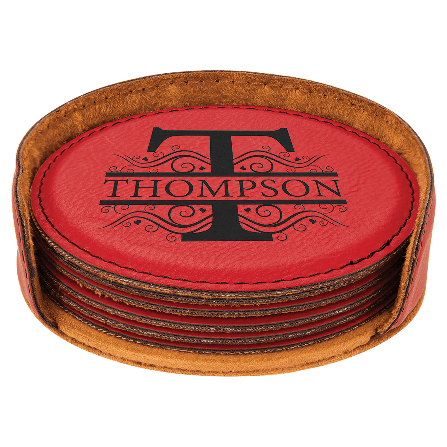 4" Red Laserable Leatherette Round 6-Coaster Set