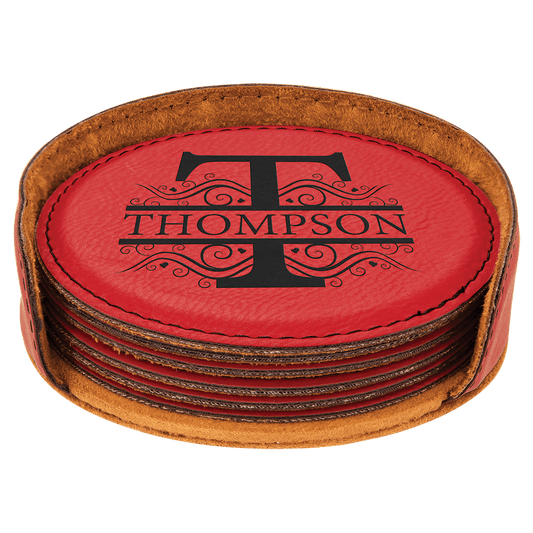 4" Red Laserable Leatherette Round 6-Coaster Set