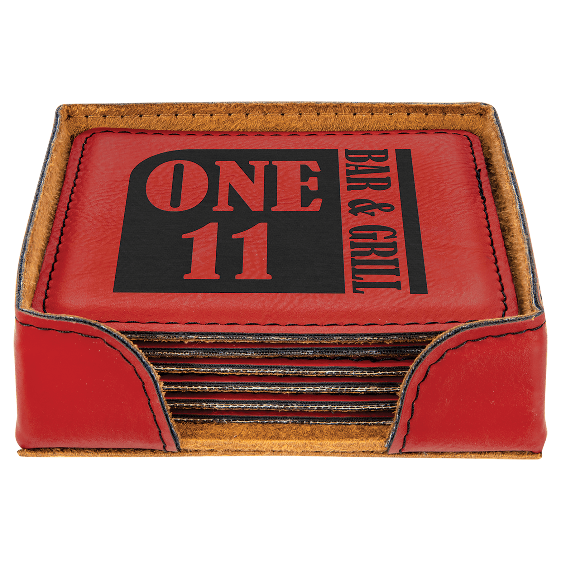 4" x 4" Red Square Laserable Leatherette 6-Coaster Set with Holder