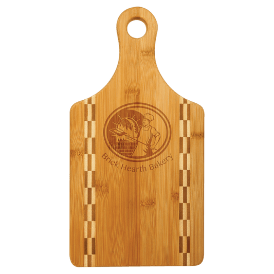 13 1/2" x 7" Paddle Shaped Bamboo Cutting Board with Butcher Block Inlay-MO