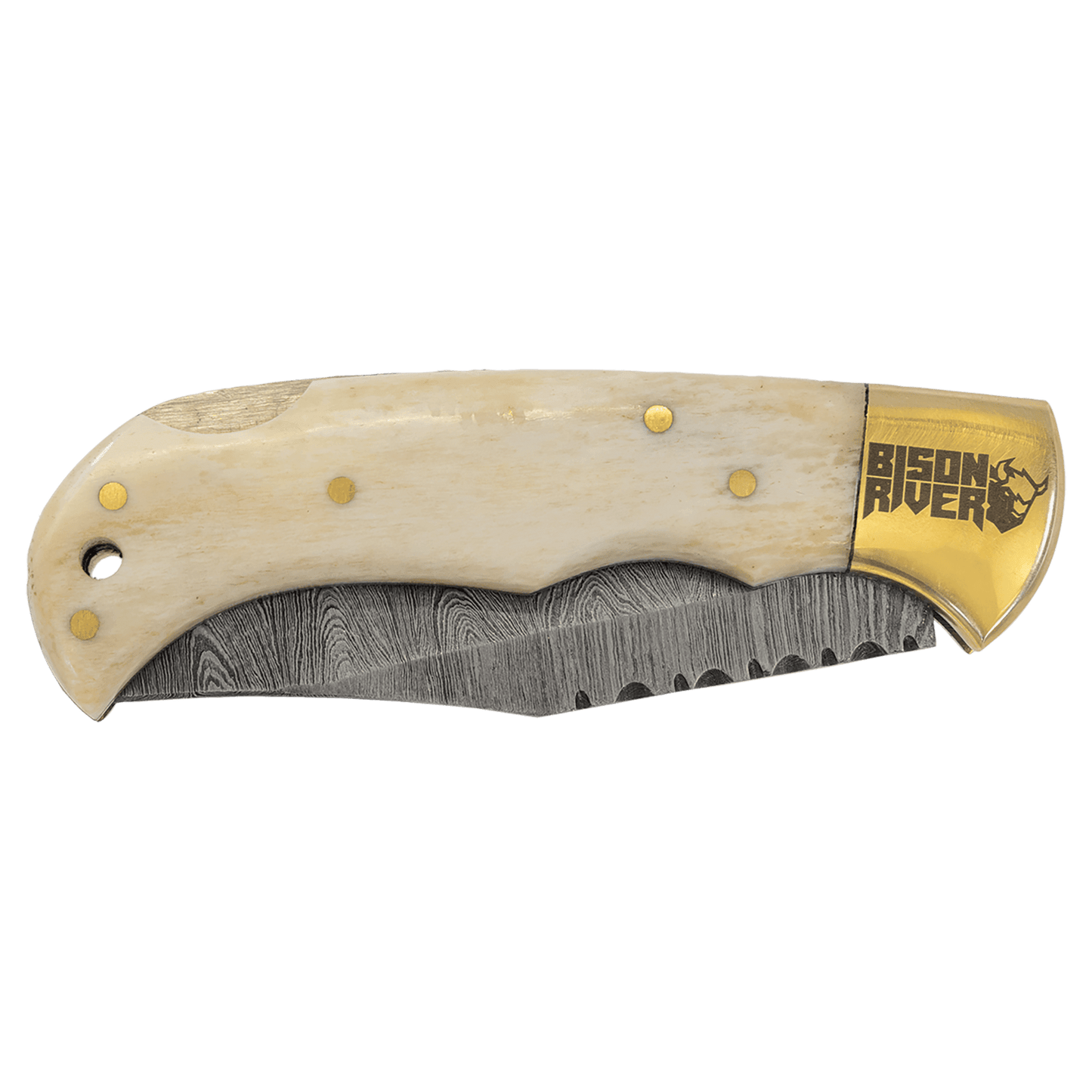 3 3/4" Bone Folding Knife with Damascus Steel Blade and Leather Sheath-MO