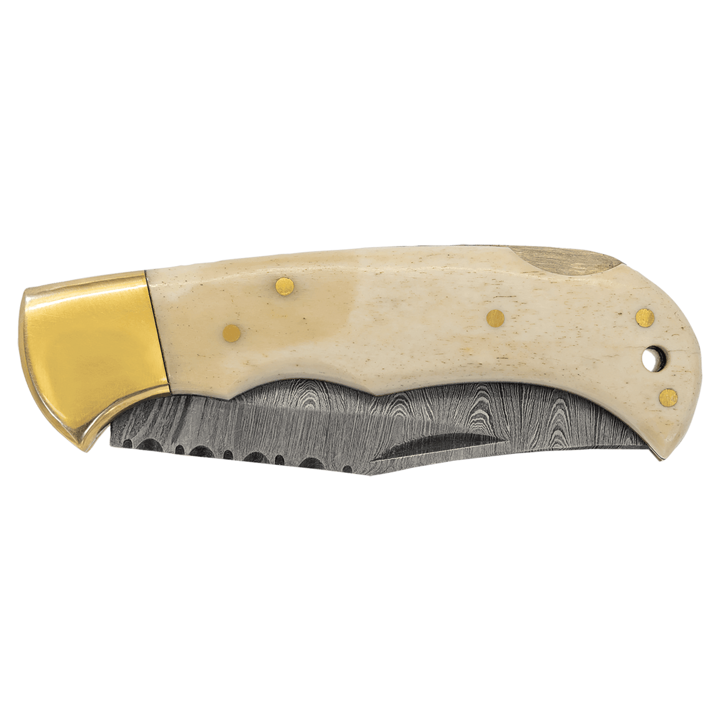 3 3/4" Bone Folding Knife with Damascus Steel Blade and Leather Sheath-MO