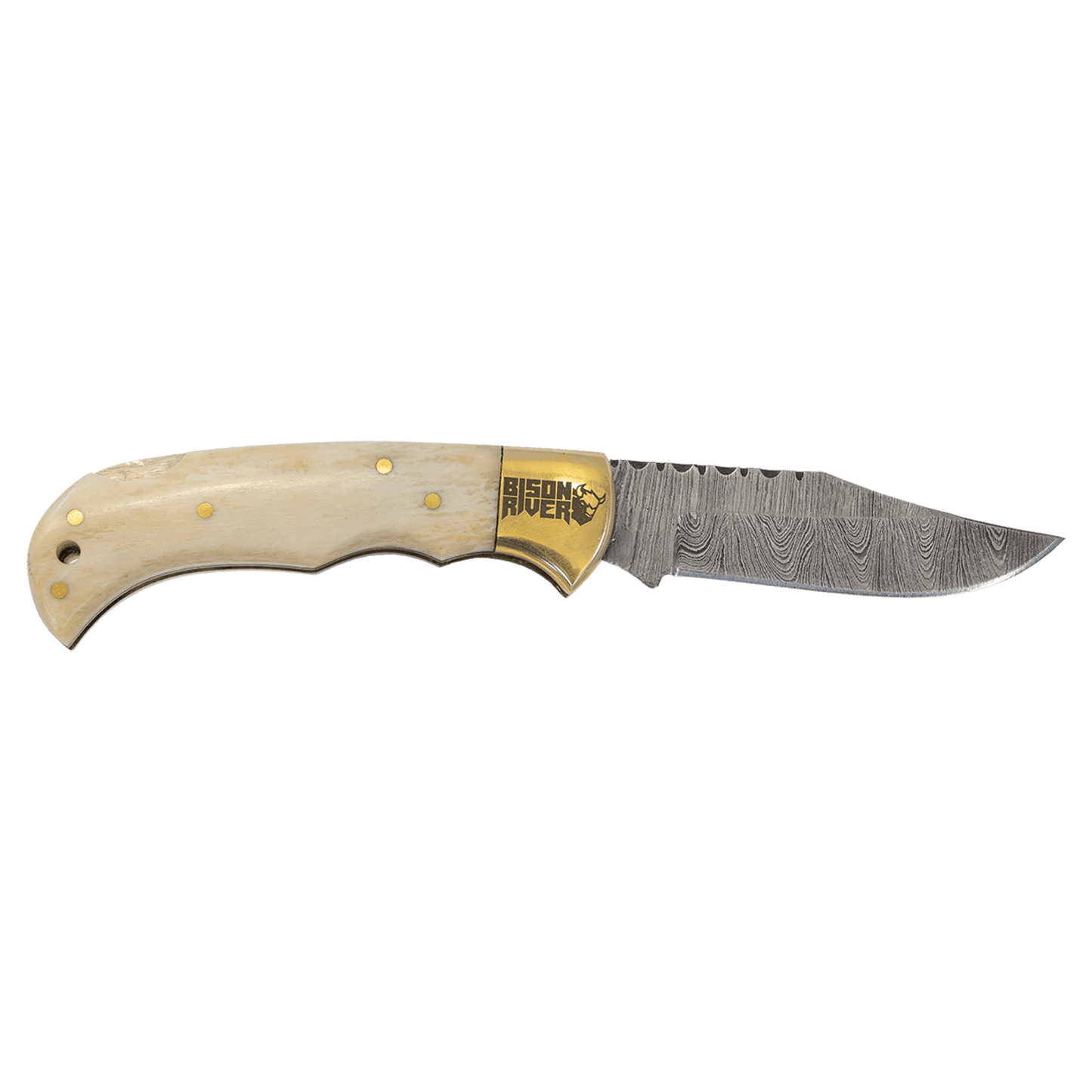 3 3/4" Bone Folding Knife with Damascus Steel Blade and Leather Sheath-MO