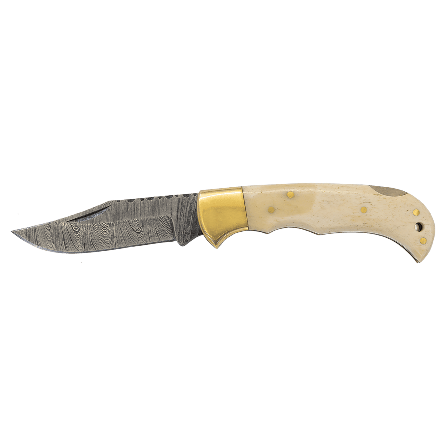 3 3/4" Bone Folding Knife with Damascus Steel Blade and Leather Sheath-MO