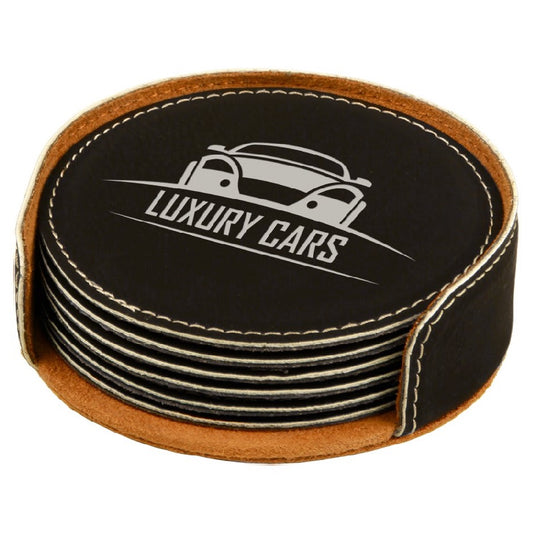 4" Black/Silver Round Laserable Leatherette 6-Coaster Set-MO