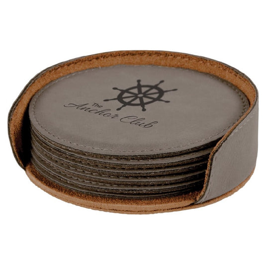 4" Gray Round Laserable Leatherette 6-Coaster Set-MO