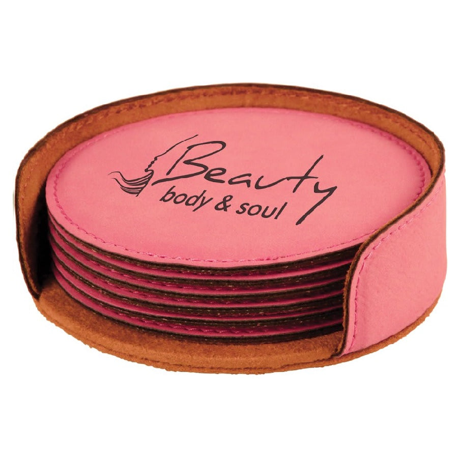 4" Pink Round Laserable Leatherette 6-Coaster Set-MO