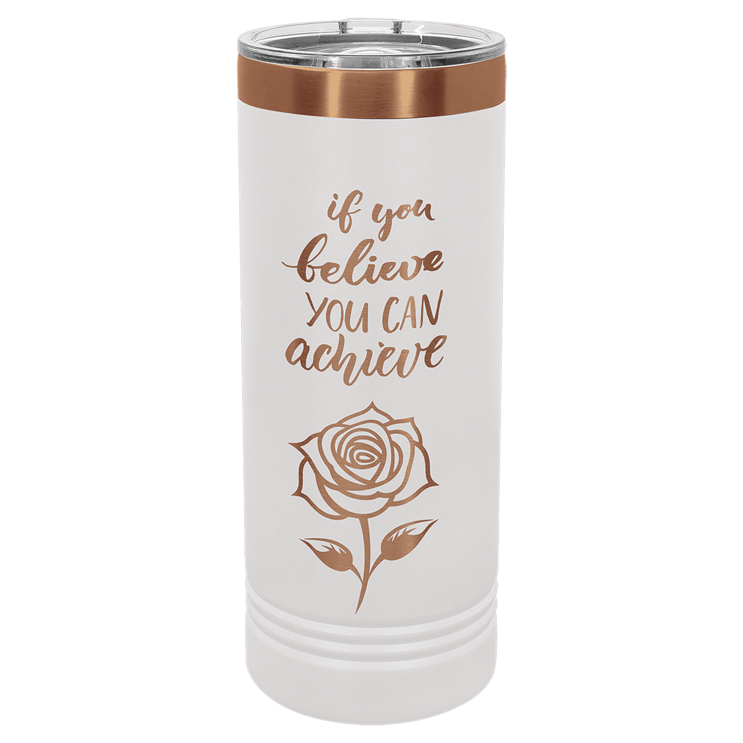 Polar Camel 22 oz. White/Rose Gold ION Plated Skinny Tumbler with Slider L id