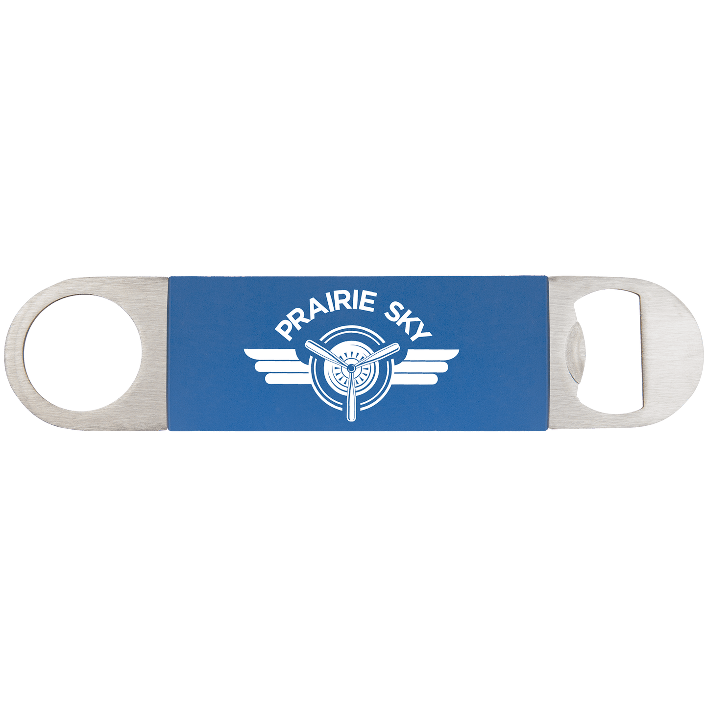 Laser Caviar 1 1/2" x 7" Blue/White Bottle Opener with Silicone Grip