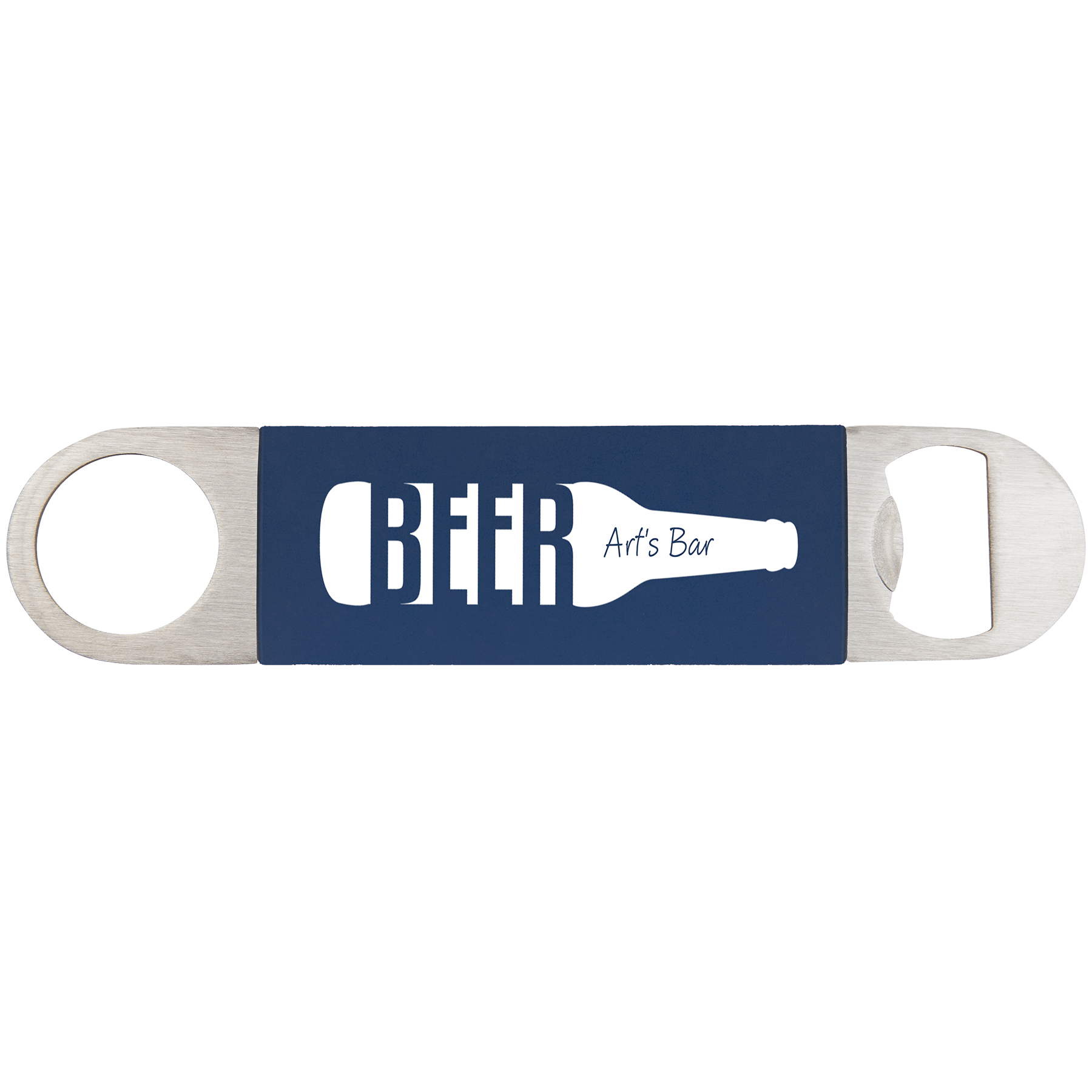 Laser Caviar 1 1/2" x 7" Navy Blue/White Bottle Opener with Silicone Grip