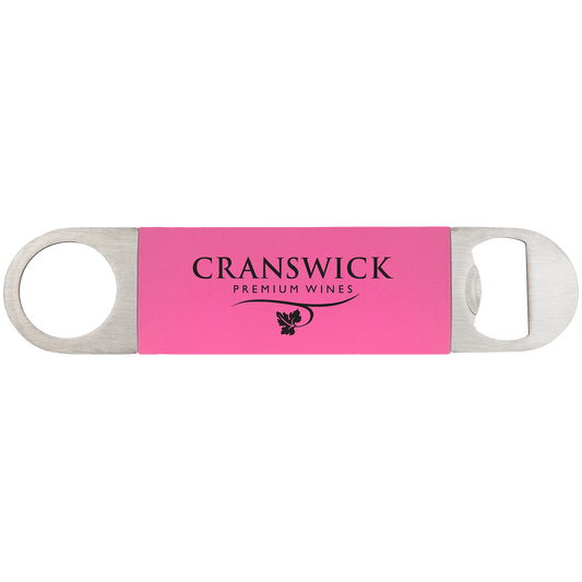 Laser Caviar 1 1/2" x 7" Pink/Black Bottle Opener with Silicone Grip