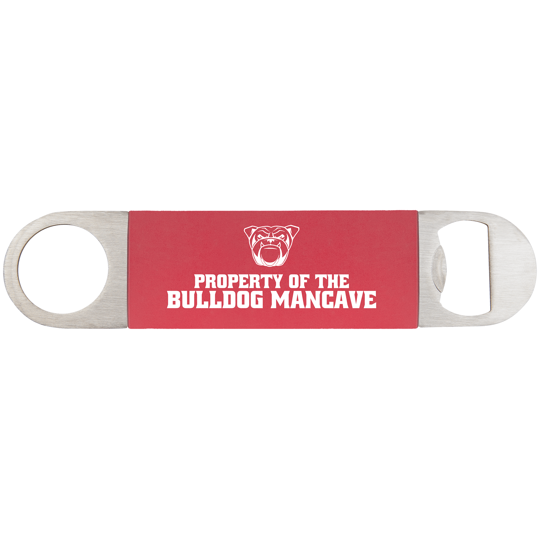 Laser Caviar 1 1/2" x 7" Red/White Bottle Opener with Silicone Grip