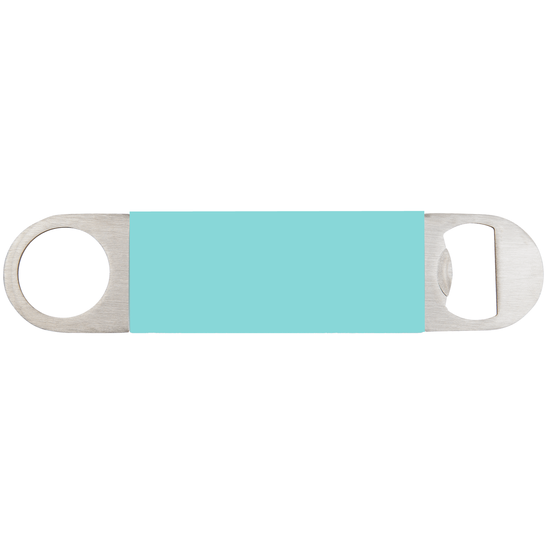 Laser Caviar 1 1/2" x 7" Teal/Black Bottle Opener with Silicone Grip