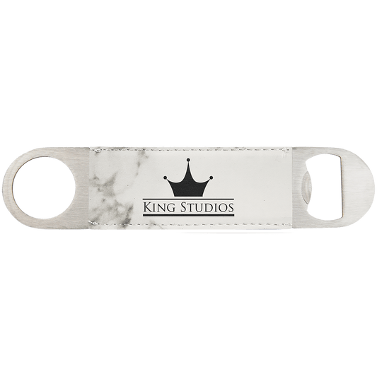 Laser Caviar 1 1/2" x 7" White Marble Laserable Leatherette Bottle Opener