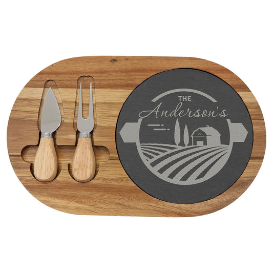 Laser Caviar 12 1/2" x 7 3/4" Acacia Wood/Slate Oval Cheese Set with Two Tools