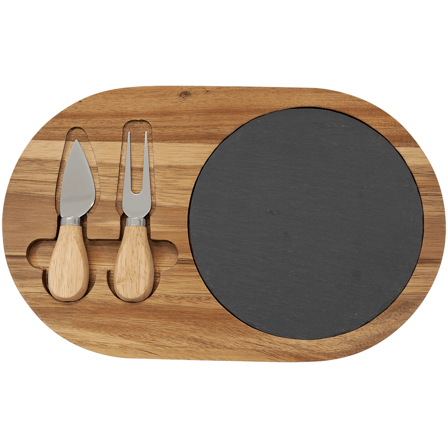 Laser Caviar 12 1/2" x 7 3/4" Acacia Wood/Slate Oval Cheese Set with Two Tools